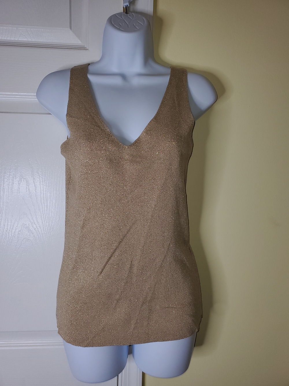 Focus 2000 Gold Metallic Knit Sleeveless V-Neck Top | Medium